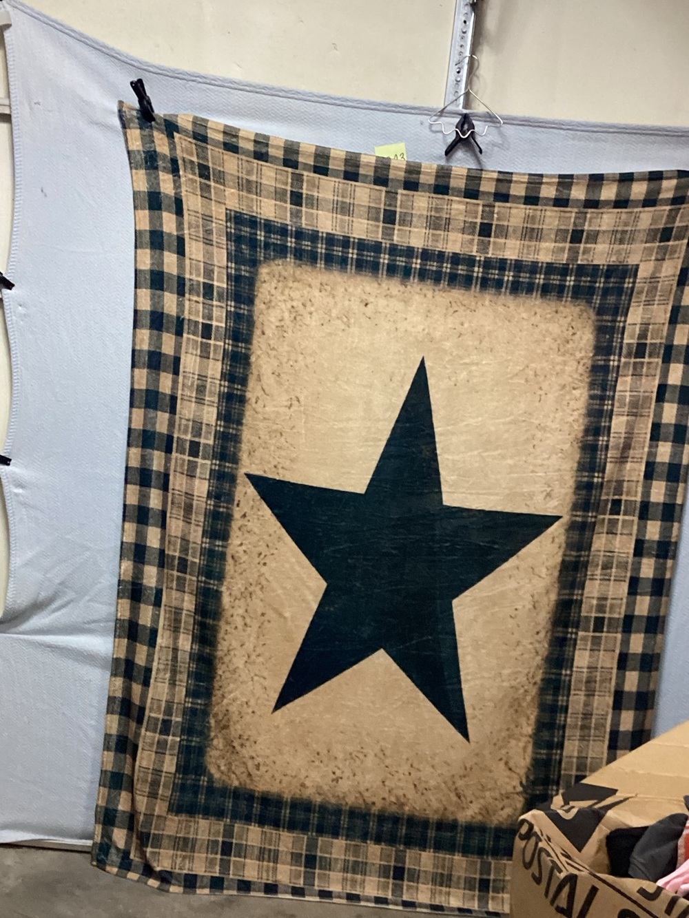 Plaid Star Throw Blanket in Cream and Blue - Farmhouse Bedding